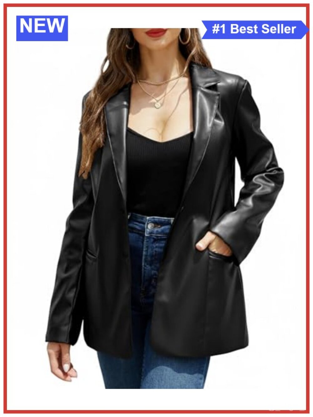 Faux Leather Blazer Jacket Vegan PU Coat Button Down Notched Lapel